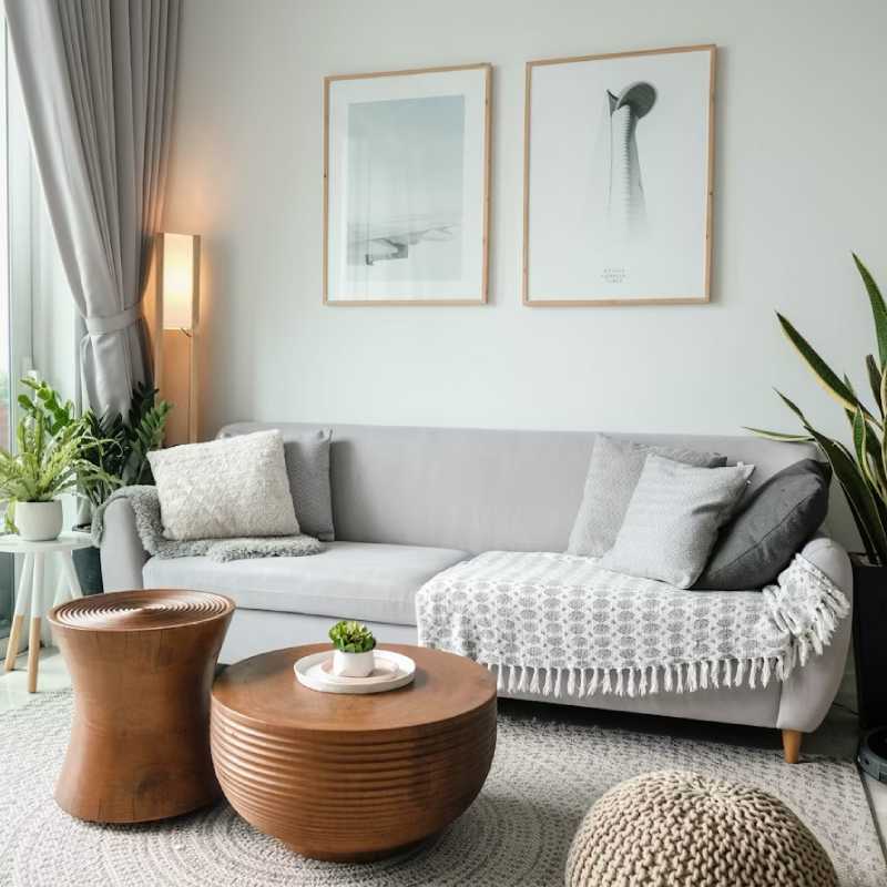 A cozy living room featuring a grey couch, a wooden stool, and a green plant for a touch of nature.