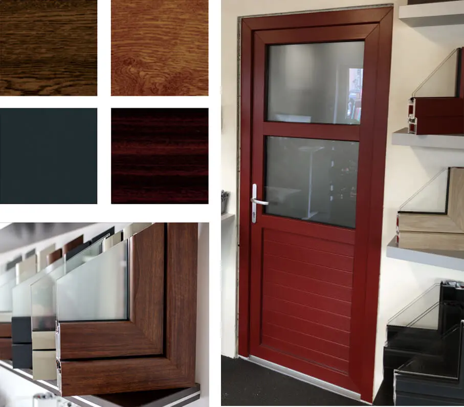 A red exterior door with glass panels, surrounded by wood and color samples.